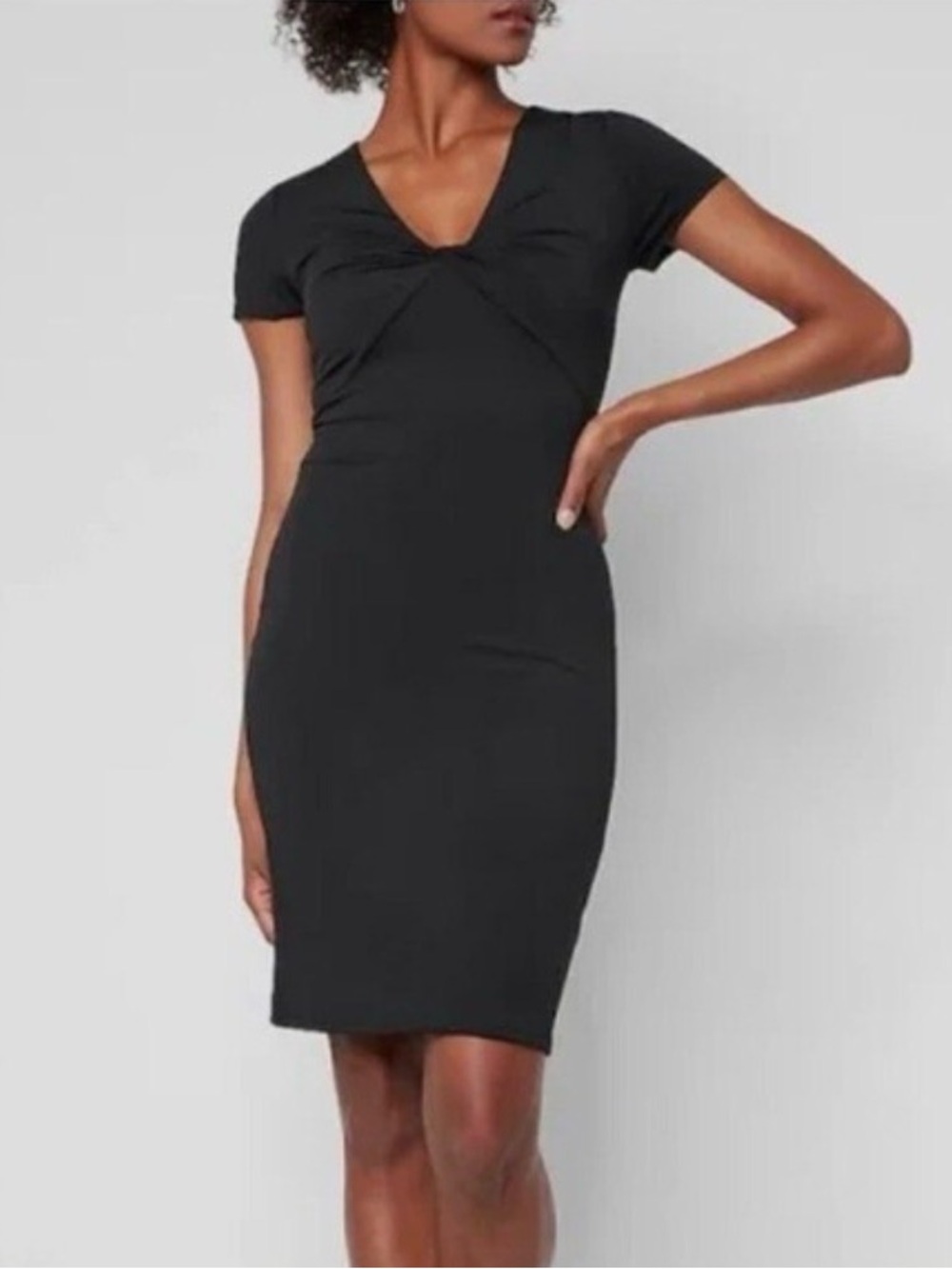 Express Body Contour Black Twist-Front Midi Dress